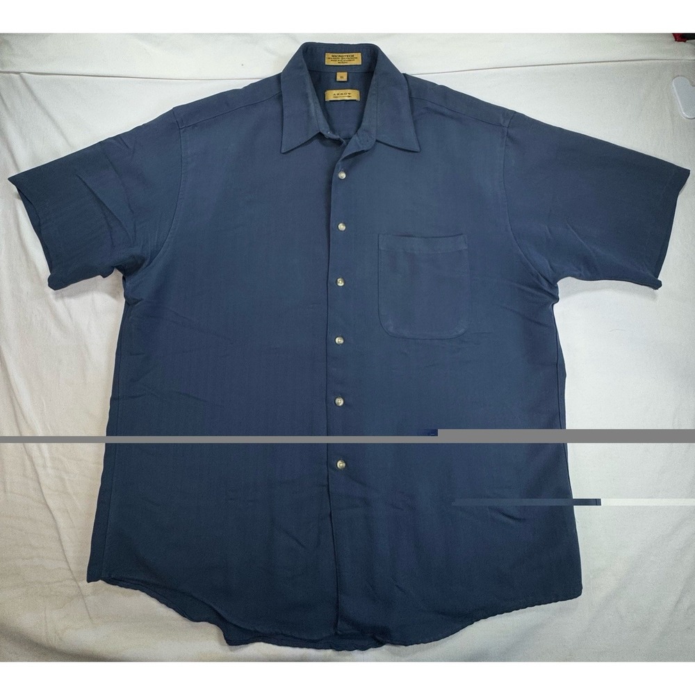 Arrow Microtech Mens L Blue Solid Rayon Polyester Short Sleeve Button-Up Pockets
